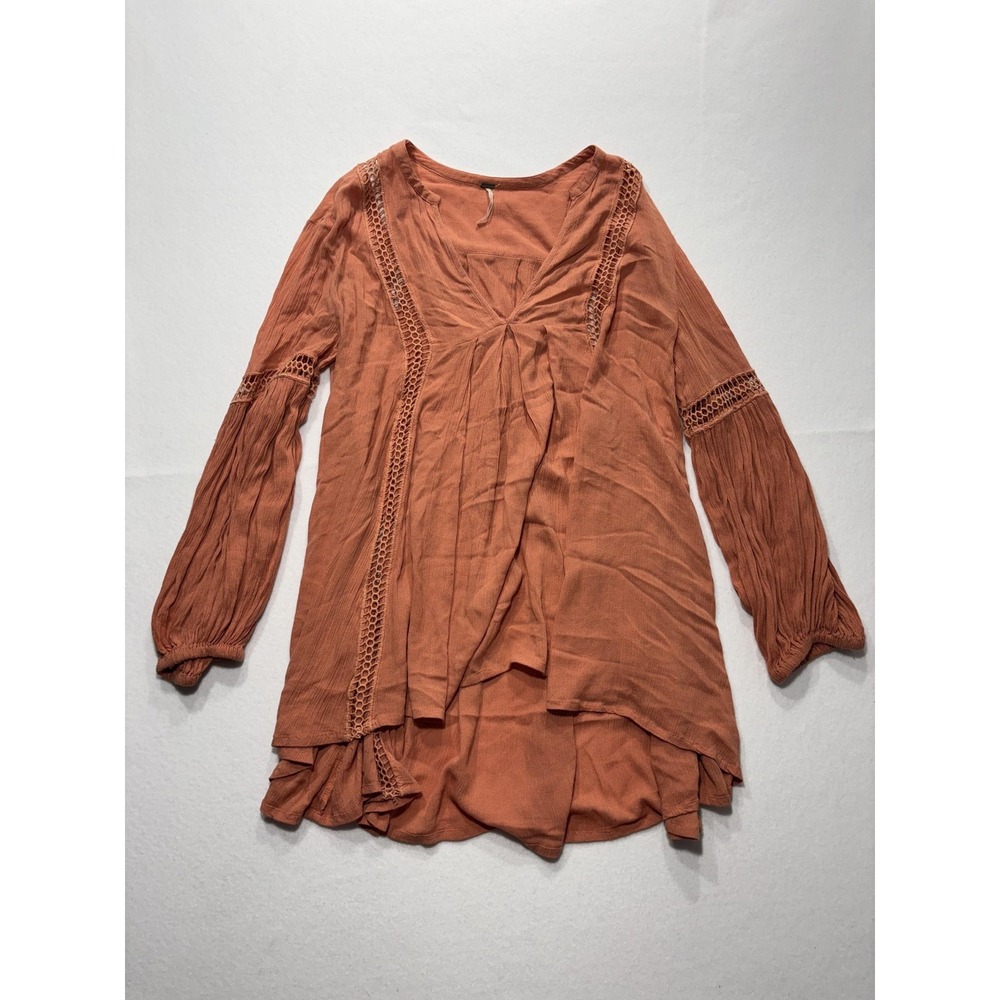 Free People Dress Womens Small Orange Scoop Neck Crochet Long Sleeve Boho Swing